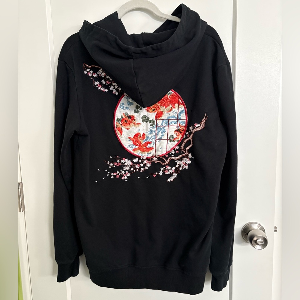 Koisea Goldfish Cherry Blossom Embroidered Sukajan Hoodie Black